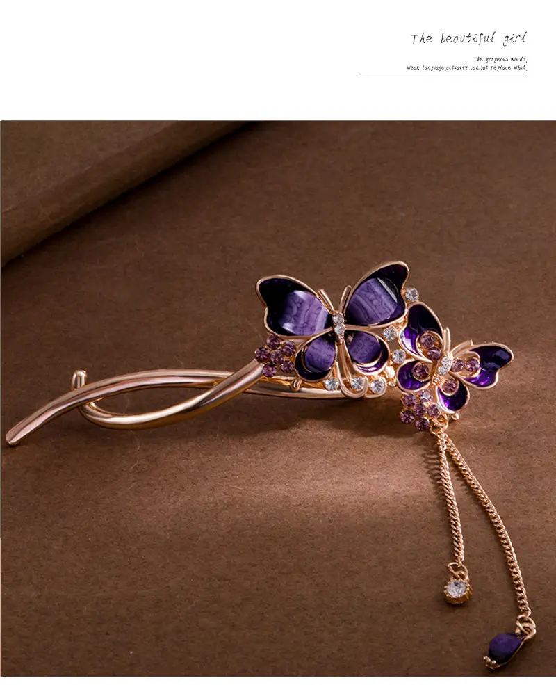 Vintage Butterfly Hairpin with Red Stones & Tassel — feature 8