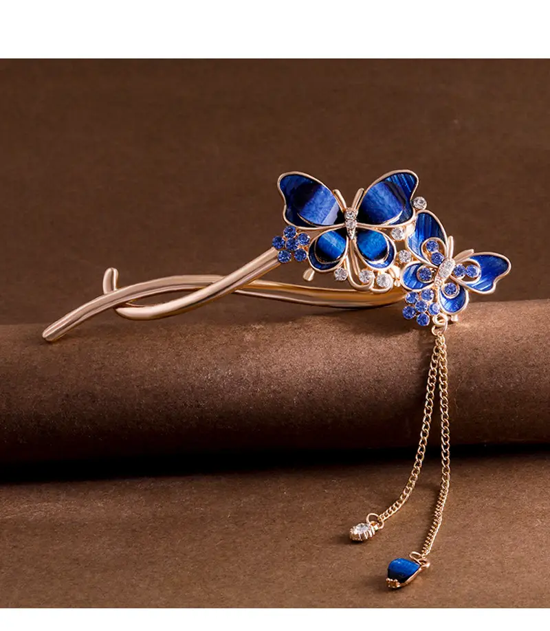 Vintage Butterfly Hairpin with Red Stones & Tassel — feature 9