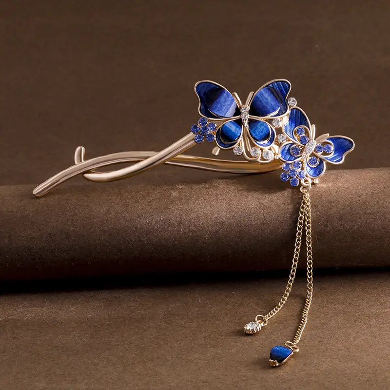 Vintage Butterfly Hairpin with Red Stones & Tassel