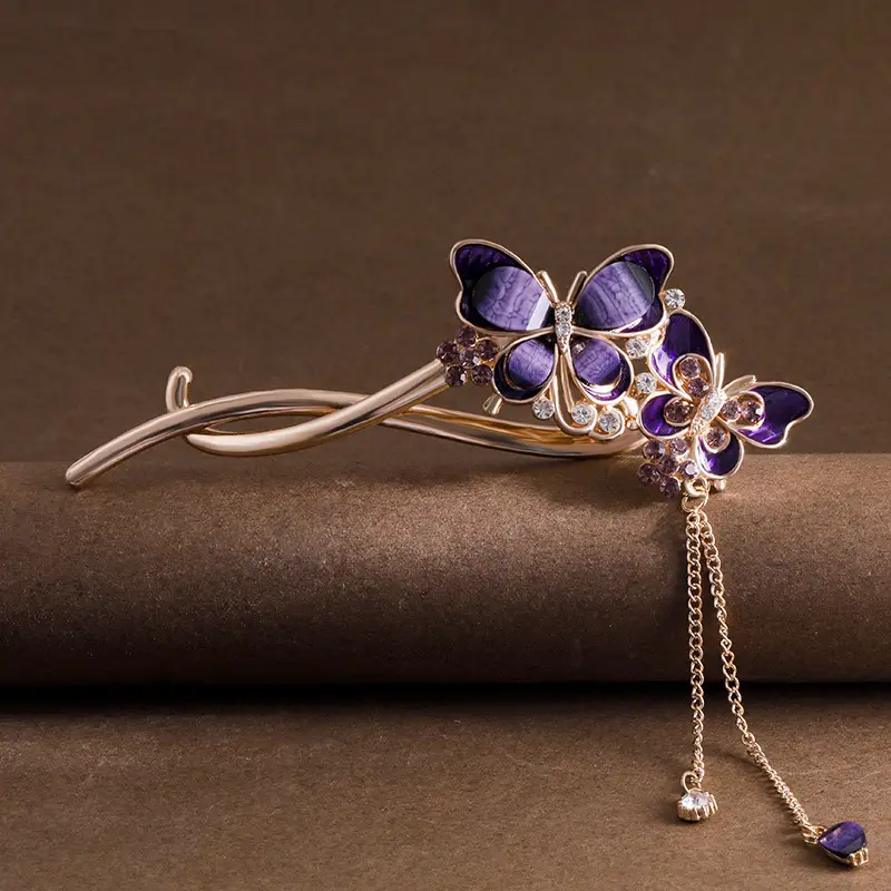 Vintage Butterfly Hairpin with Red Stones & Tassel