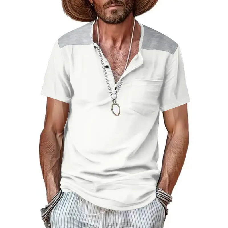 Men's 2025 Cotton Short Sleeve V-Neck T-Shirt White — feature 3