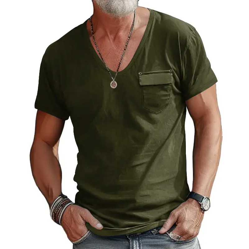 Men's Olive Green V-Neck Slim Fit T-Shirt - Image 8