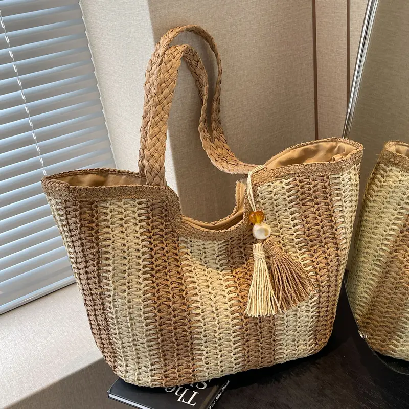Women Straw Tote Bag Black Striped Large Capacity - Image 4