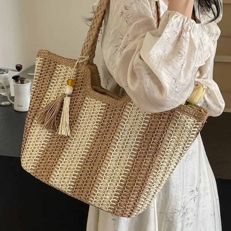 Women Straw Tote Bag Black Striped Large Capacity - Image 5