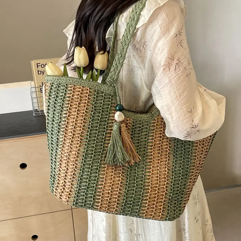 Women Straw Tote Bag Black Striped Large Capacity - Image 6