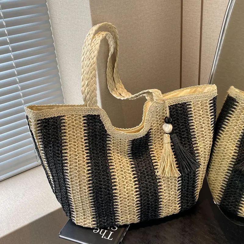 Women Straw Tote Bag Black Striped Large Capacity - Image 7