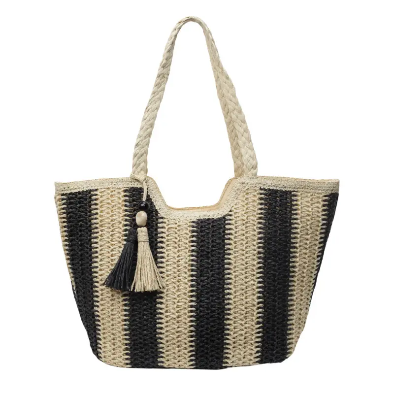 Women Straw Tote Bag Black Striped Large Capacity - Image 8
