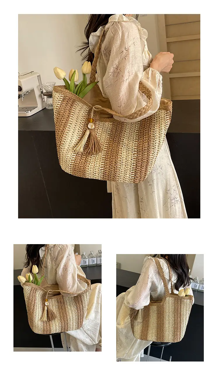 Women Straw Tote Bag Black Striped Large Capacity — feature 10