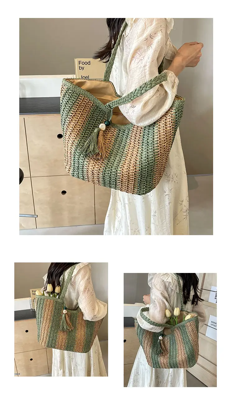 Women Straw Tote Bag Black Striped Large Capacity — feature 11