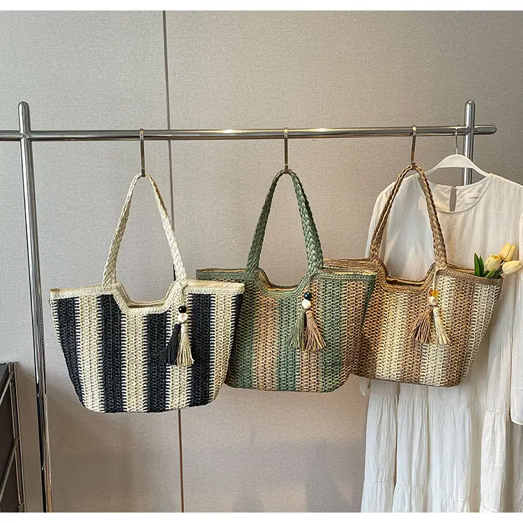 Women Straw Tote Bag Black Striped Large Capacity — feature 12