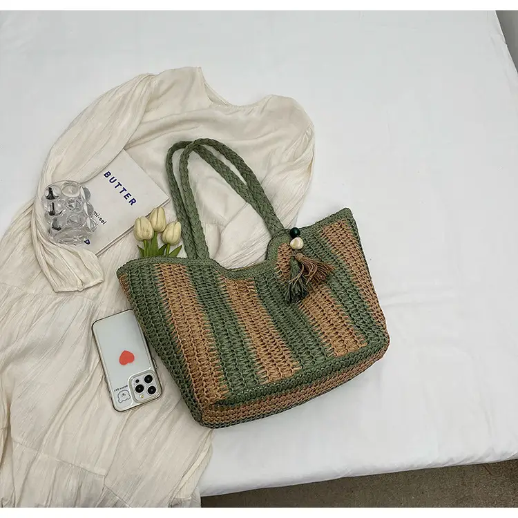 Women Straw Tote Bag Black Striped Large Capacity — feature 13