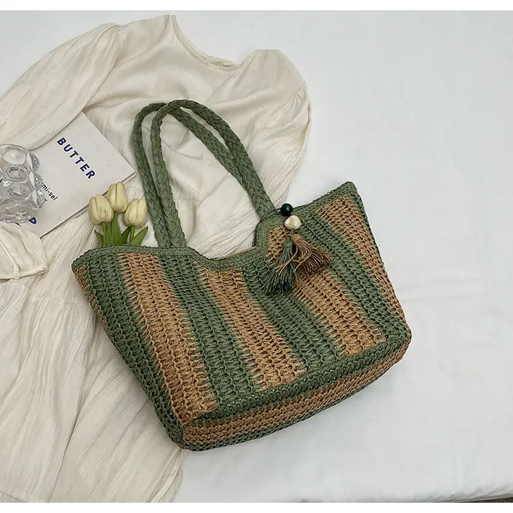 Women Straw Tote Bag Black Striped Large Capacity — feature 14