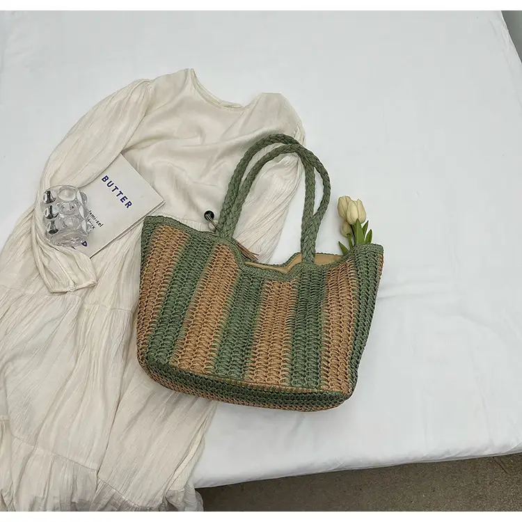 Women Straw Tote Bag Black Striped Large Capacity — feature 15