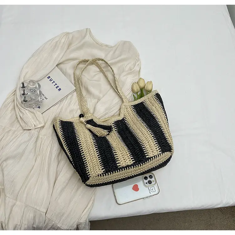 Women Straw Tote Bag Black Striped Large Capacity — feature 16