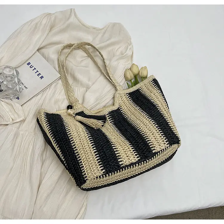Women Straw Tote Bag Black Striped Large Capacity — feature 17