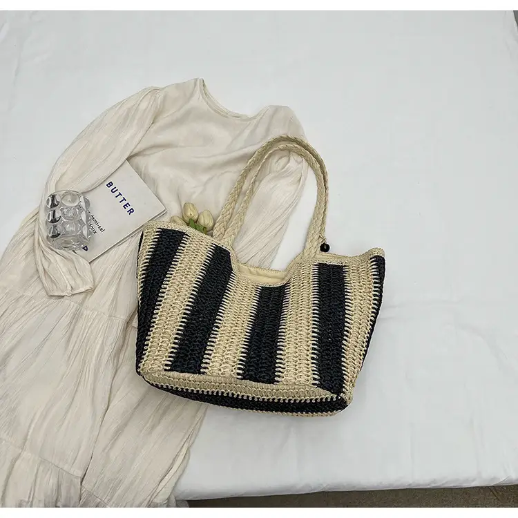Women Straw Tote Bag Black Striped Large Capacity — feature 18