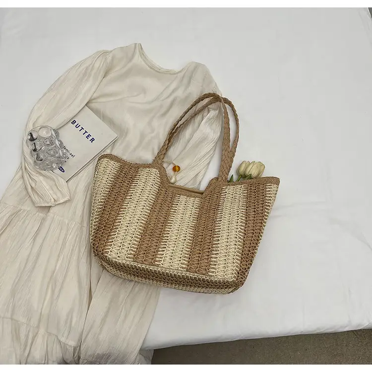 Women Straw Tote Bag Black Striped Large Capacity — feature 19
