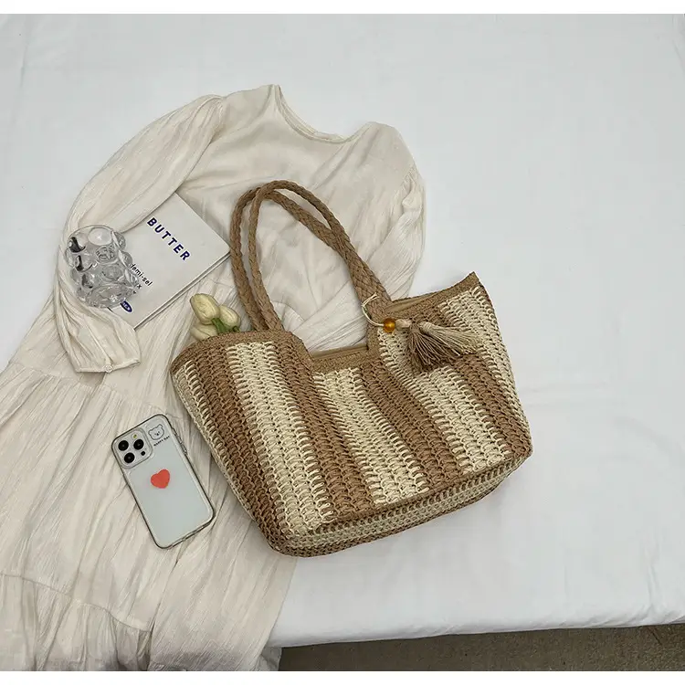 Women Straw Tote Bag Black Striped Large Capacity — feature 20