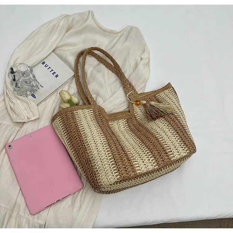 Women Straw Tote Bag Black Striped Large Capacity — feature 21