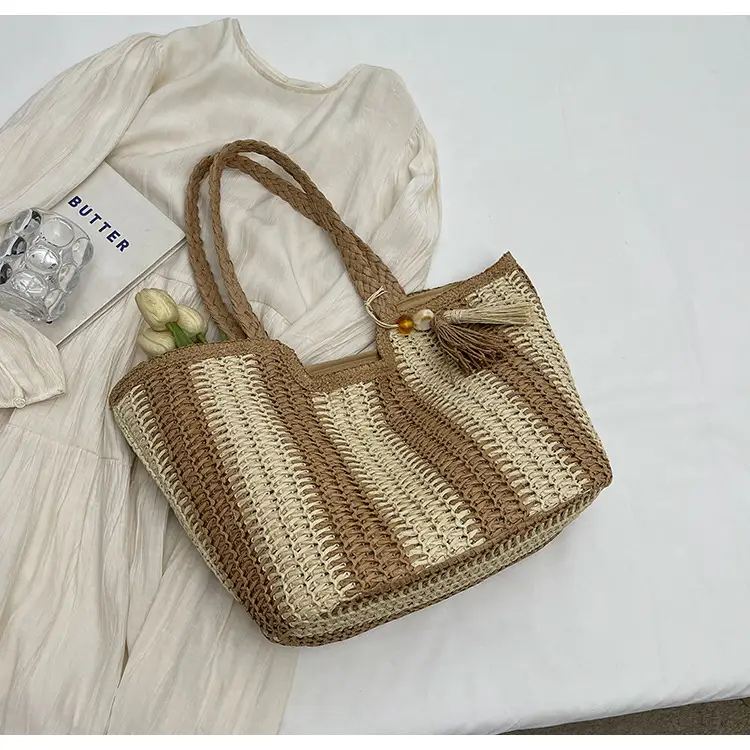 Women Straw Tote Bag Black Striped Large Capacity — feature 22