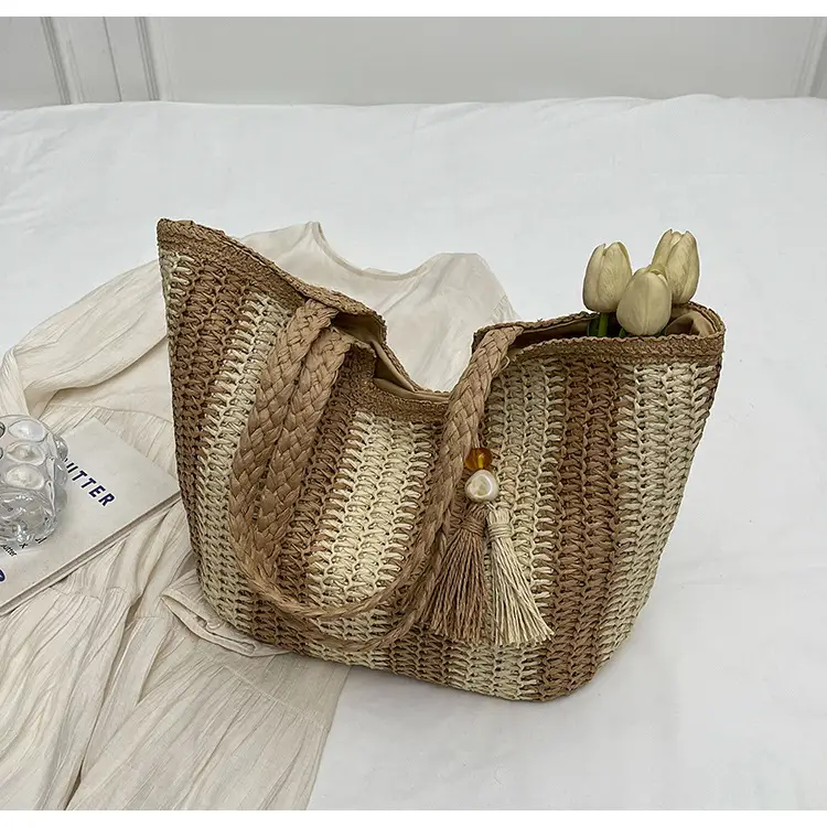 Women Straw Tote Bag Black Striped Large Capacity — feature 23