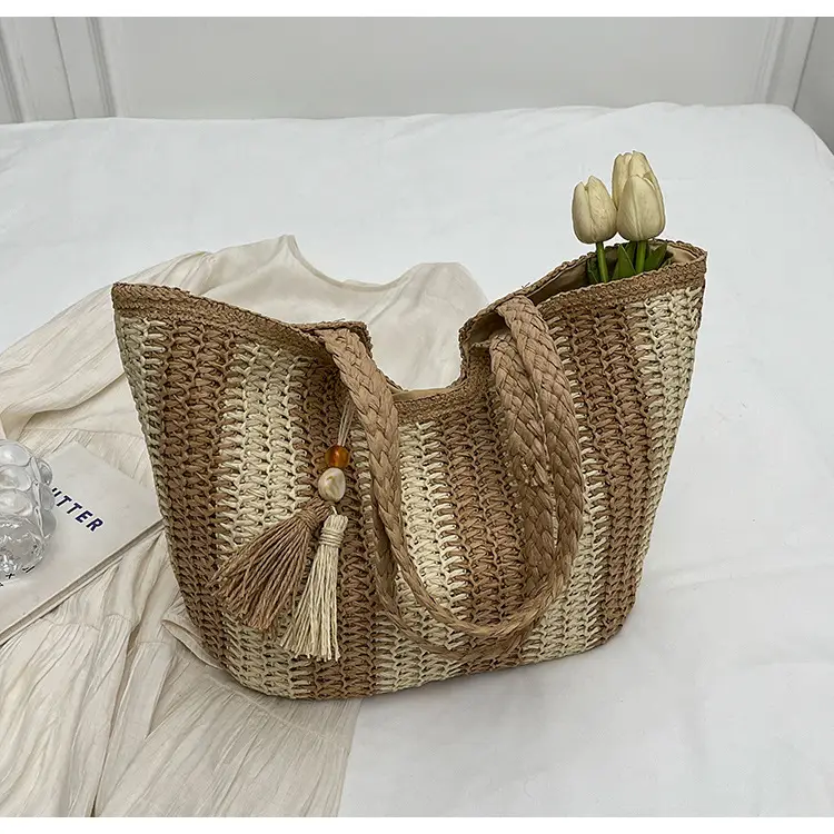 Women Straw Tote Bag Black Striped Large Capacity — feature 24