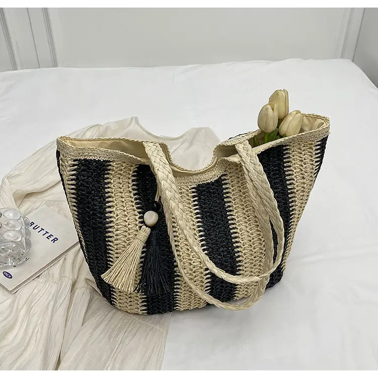 Women Straw Tote Bag Black Striped Large Capacity — feature 25