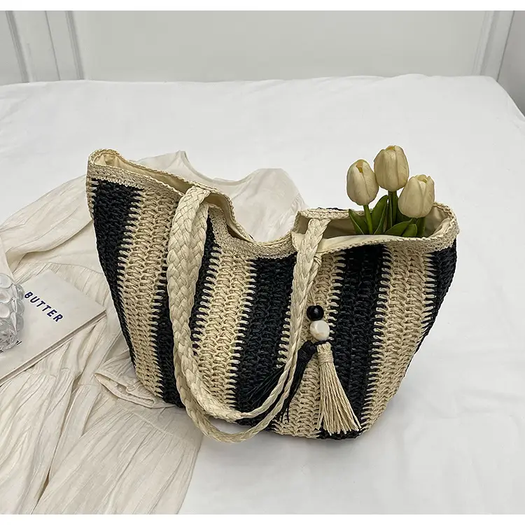 Women Straw Tote Bag Black Striped Large Capacity — feature 26