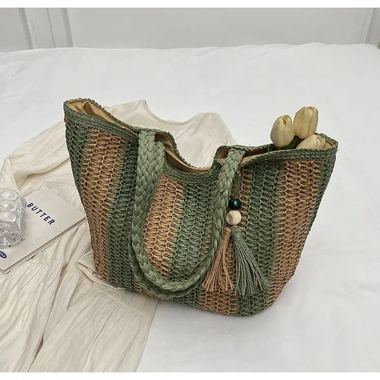 Women Straw Tote Bag Black Striped Large Capacity — feature 27