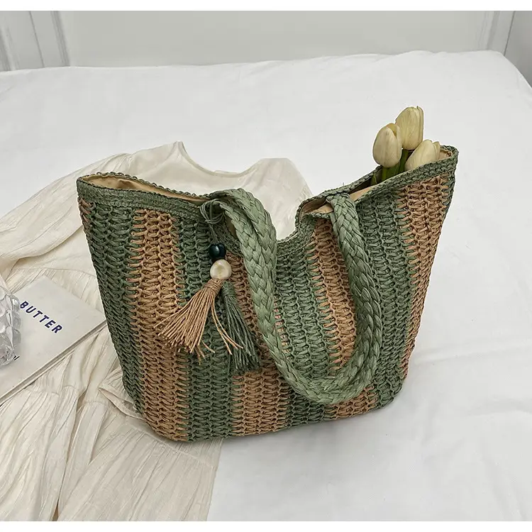 Women Straw Tote Bag Black Striped Large Capacity — feature 28