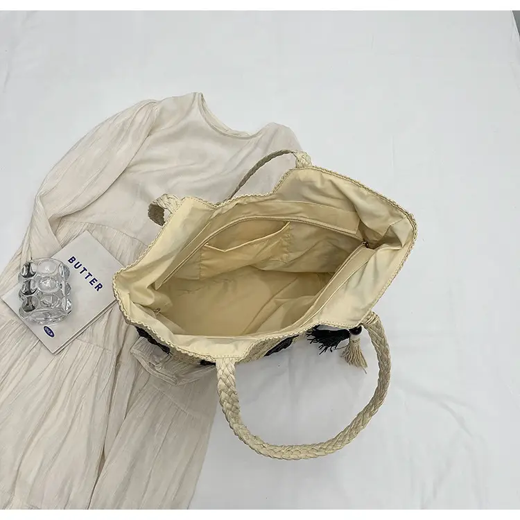 Women Straw Tote Bag Black Striped Large Capacity — feature 30