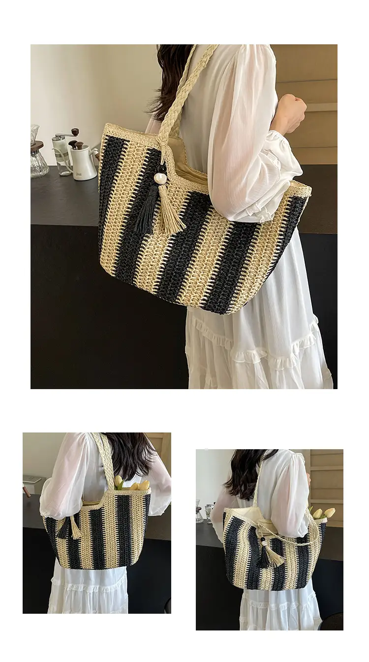 Women Straw Tote Bag Black Striped Large Capacity — feature 9
