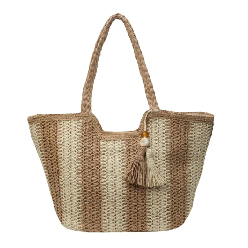 Women Straw Tote Bag Black Striped Large Capacity - Image 2