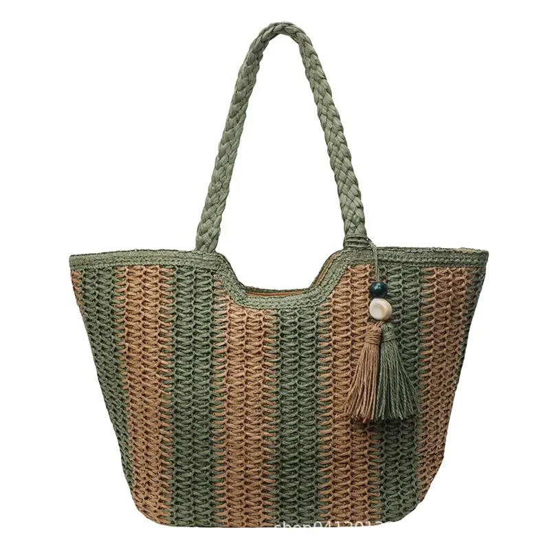 Women Straw Tote Bag Black Striped Large Capacity - Image 3