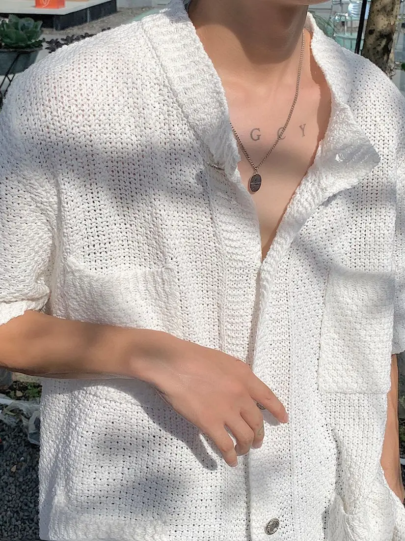 White Knitted Short-Sleeved Men's Shirt - Image 7