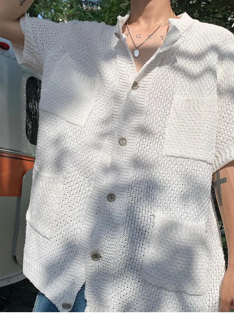 White Knitted Short-Sleeved Men's Shirt — feature 2