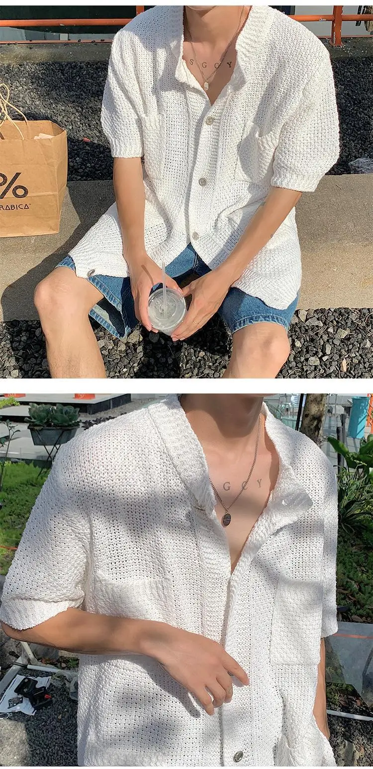 White Knitted Short-Sleeved Men's Shirt — feature 6