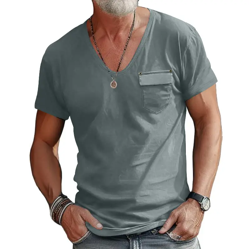 Men Slim Fit U-Neck T-Shirt Grey Solid Color