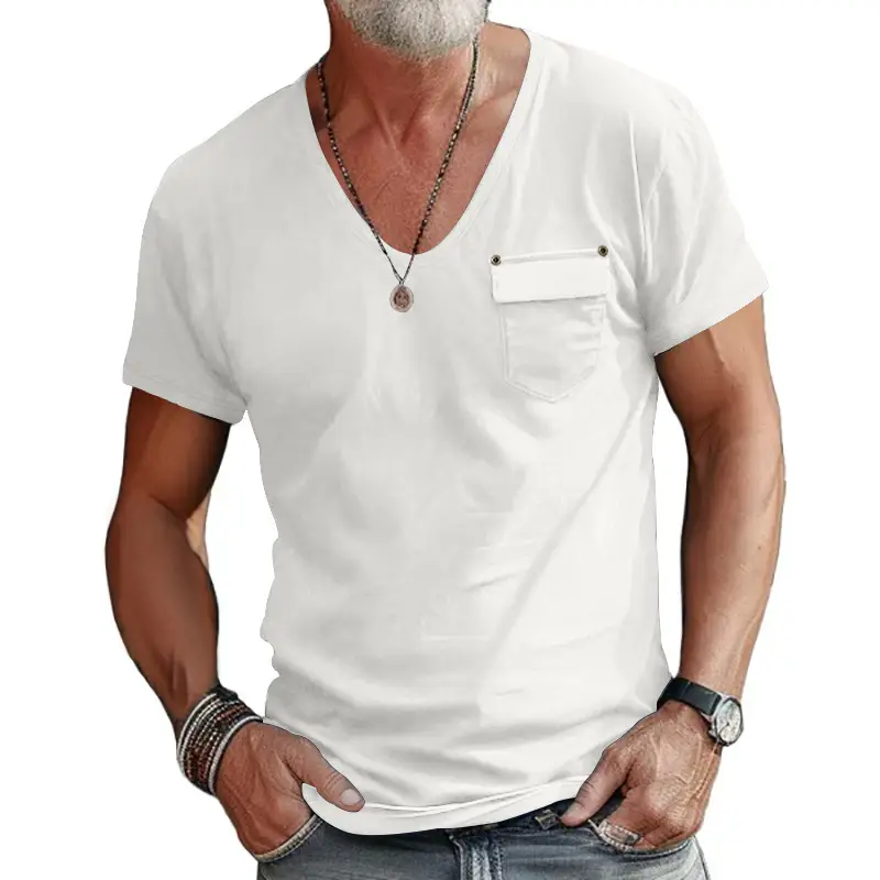 Men Slim Fit U-Neck T-Shirt Grey Solid Color