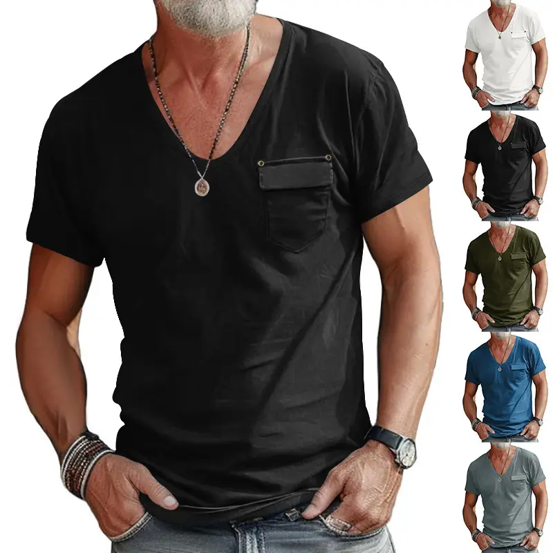 Men Slim Fit U-Neck T-Shirt Grey Solid Color — feature 3