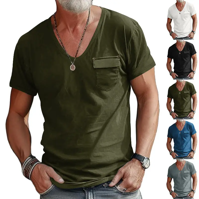 Men Slim Fit U-Neck T-Shirt Grey Solid Color — feature 4