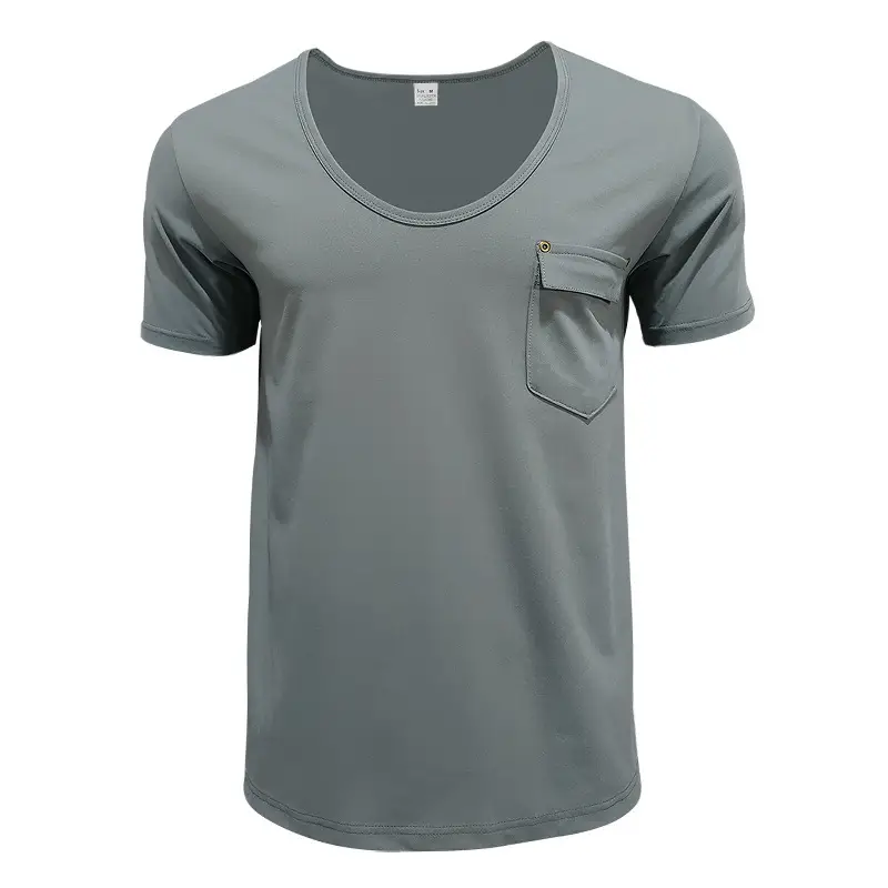 Men Slim Fit U-Neck T-Shirt Grey Solid Color — feature 40