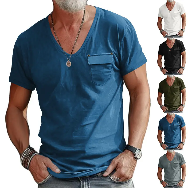 Men Slim Fit U-Neck T-Shirt Grey Solid Color — feature 5