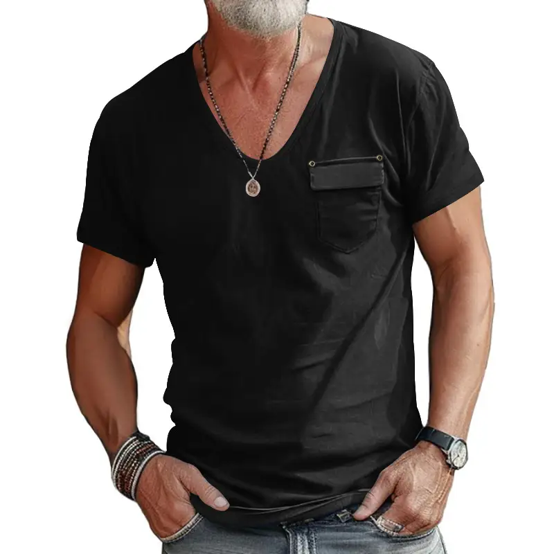 Men Slim Fit U-Neck T-Shirt Grey Solid Color