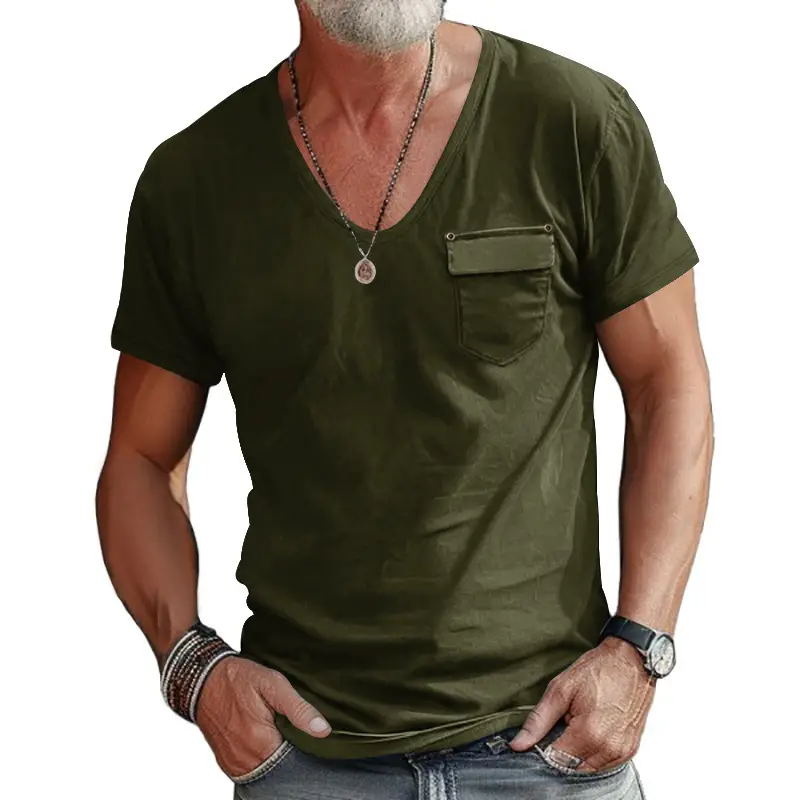 Men Slim Fit U-Neck T-Shirt Grey Solid Color