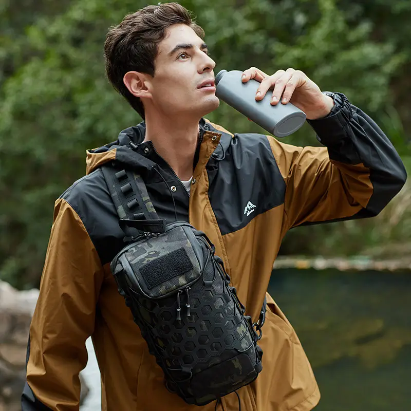 Men's Black Tactical Crossbody Bag with Camo Texture