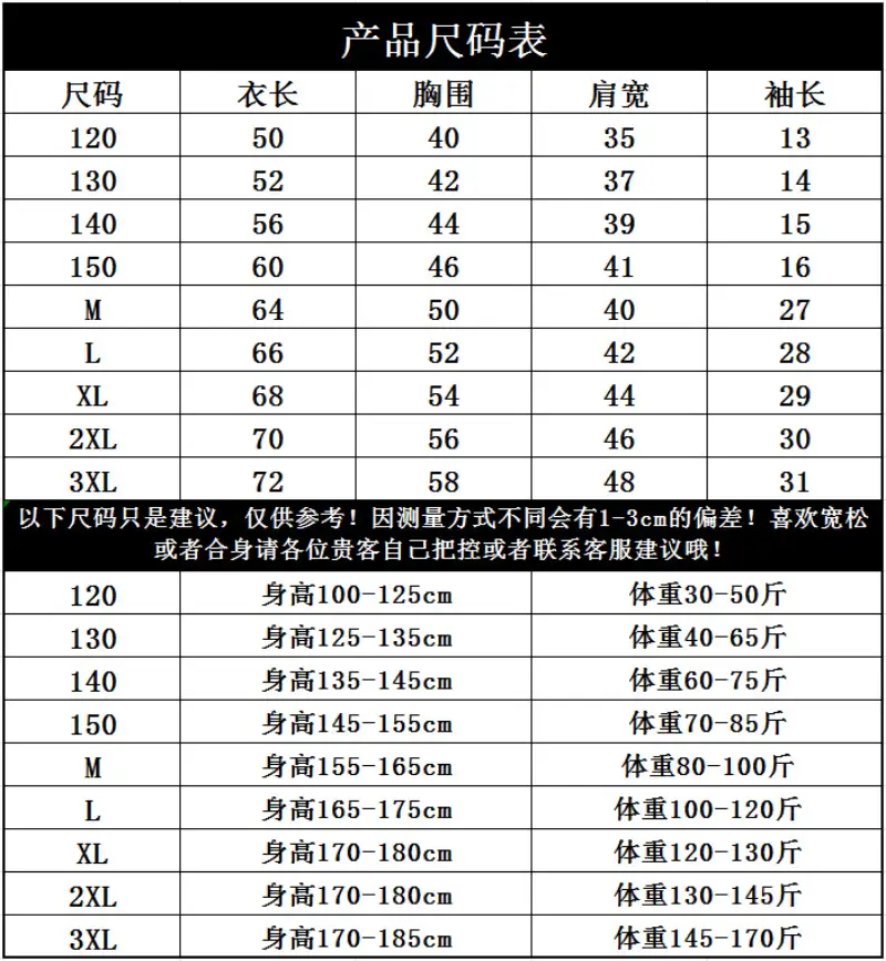 童装尺码表