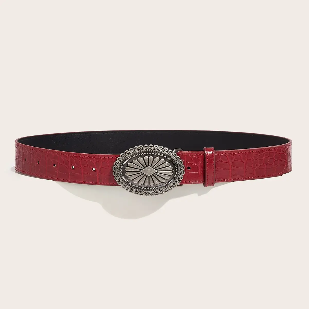 Women Red Croc Belt with Vintage Metal Buckle - Image 3