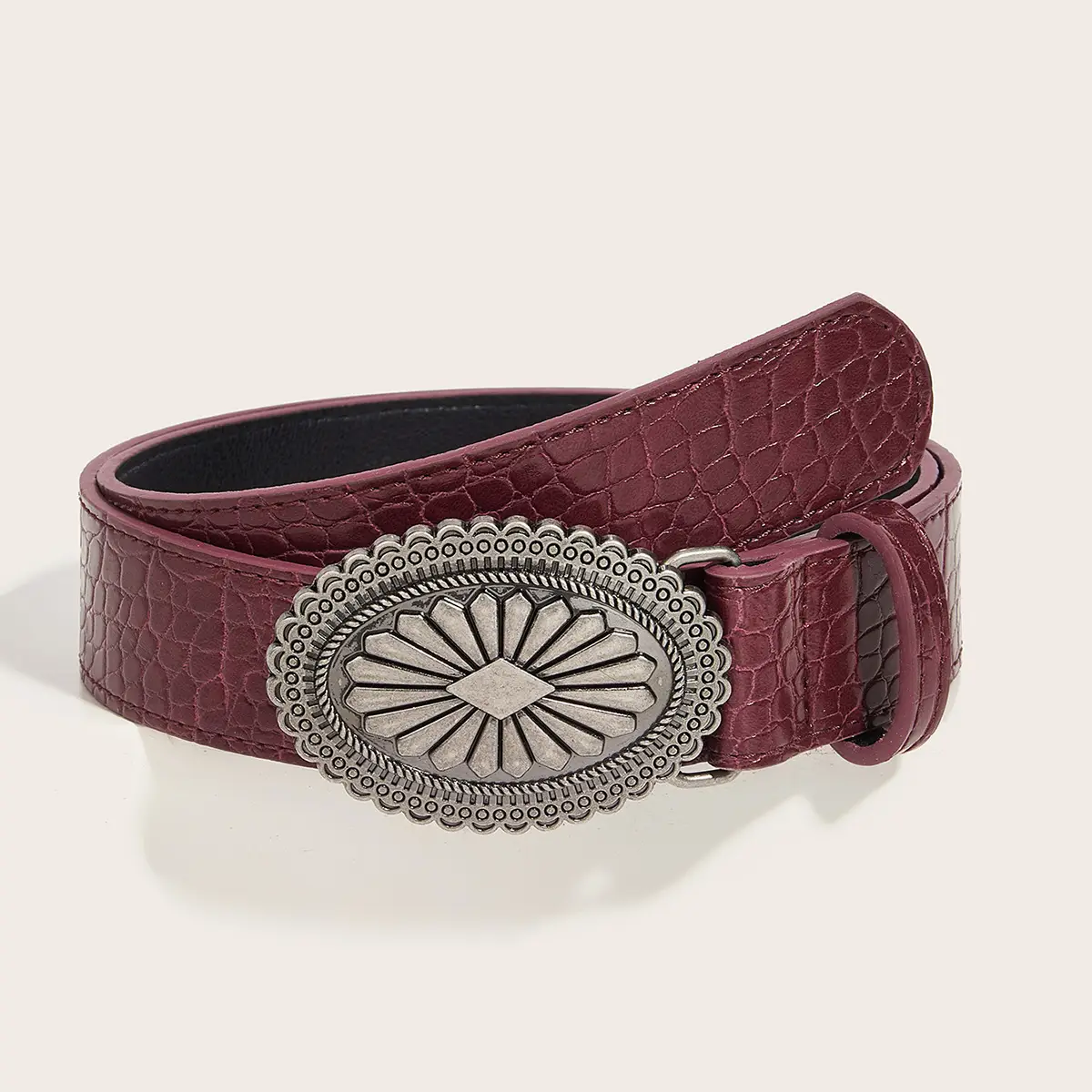 Women Red Croc Belt with Vintage Metal Buckle - Image 2