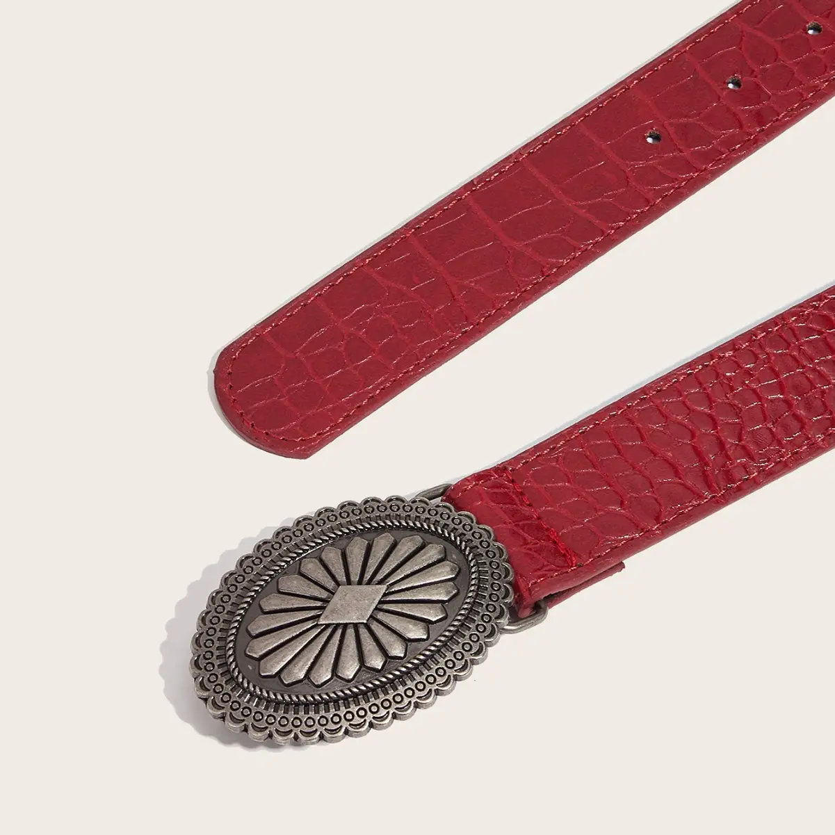 Women Red Croc Belt with Vintage Metal Buckle - Image 5